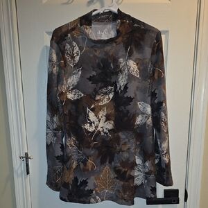 Leaf Print Long Sleeve Top - Gray and Brown